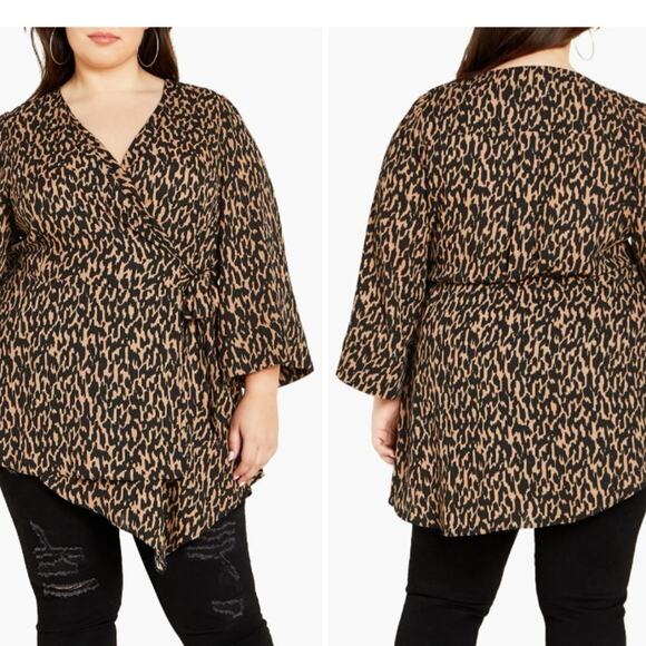 City Chic Jemma Top Plus 18 Geo Animal Print Wrap V Neck Long Sleeve Asym Hem - Picture 1 of 8